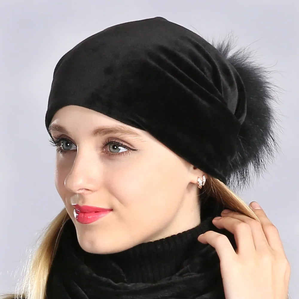 Geebro Women's Pom Pom Beanie Hat Casual Velvet Skullies Beanies Polyester Knitted Hats Warm Raccoon Fur Pompom Beanies Hat
