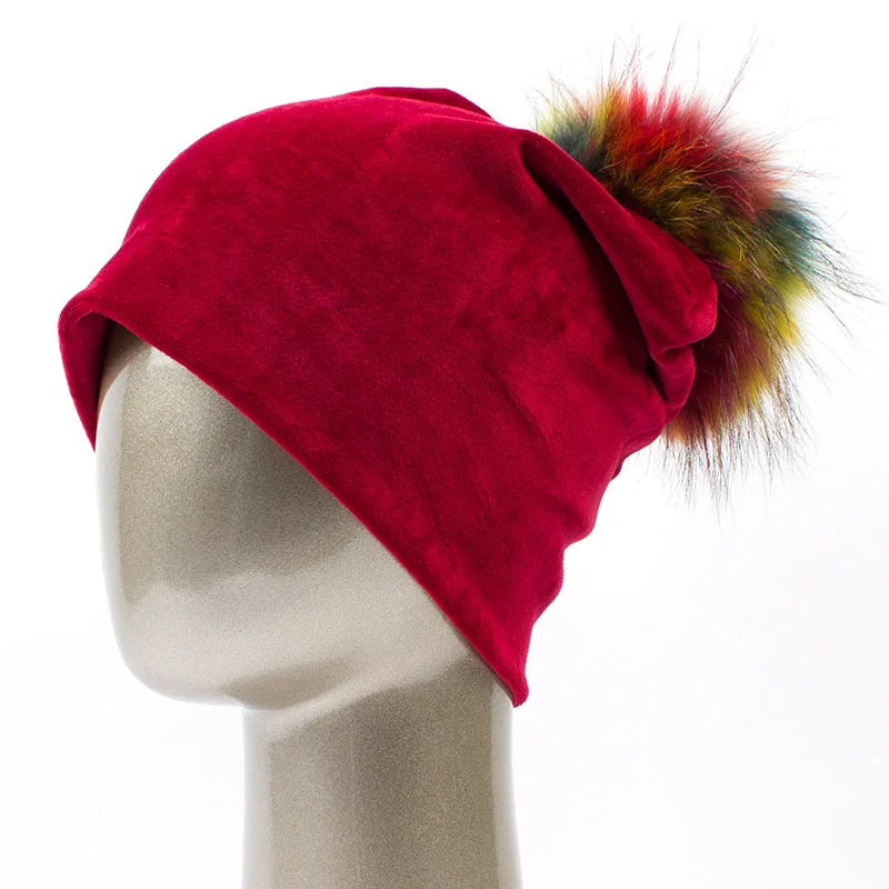 Geebro Women's Pom Pom Beanie Hat Casual Velvet Skullies Beanies Polyester Knitted Hats Warm Raccoon Fur Pompom Beanies Hat