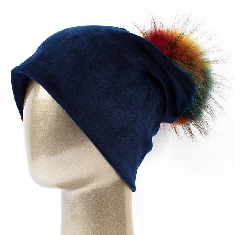 Geebro Women's Pom Pom Beanie Hat Casual Velvet Skullies Beanies Polyester Knitted Hats Warm Raccoon Fur Pompom Beanies Hat