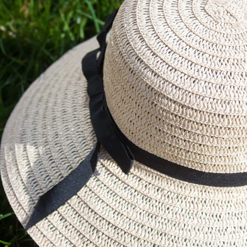 Straw Hat Summer Hats for Women Chapeau Femme for Beach Solid Beige Khaki with Bowknot