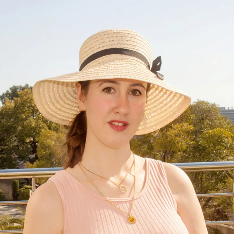 Straw Hat Summer Hats for Women Chapeau Femme for Beach Solid Beige Khaki with Bowknot