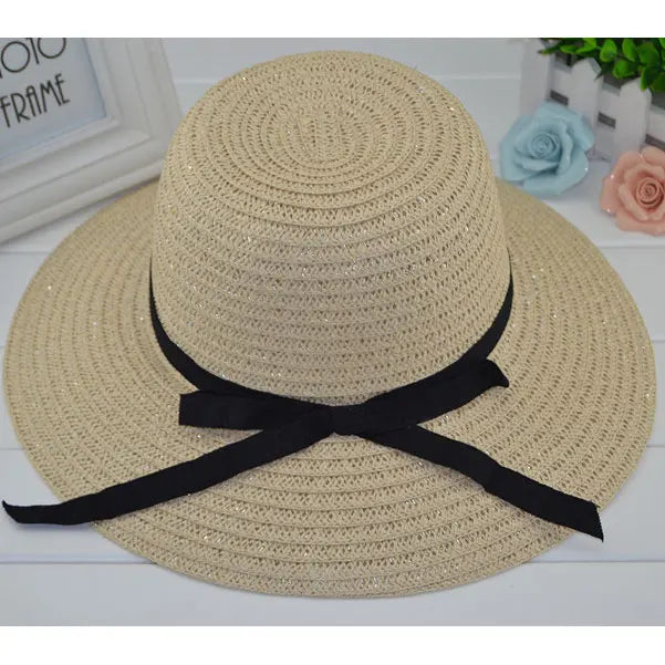 Straw Hat Summer Hats for Women Chapeau Femme for Beach Solid Beige Khaki with Bowknot