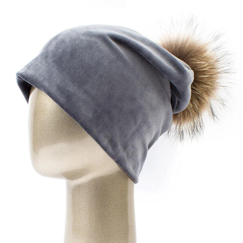 Geebro Women's Pom Pom Beanie Hat Casual Velvet Skullies Beanies Polyester Knitted Hats Warm Raccoon Fur Pompom Beanies Hat