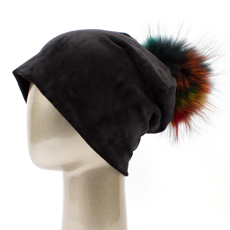 Geebro Women's Pom Pom Beanie Hat Casual Velvet Skullies Beanies Polyester Knitted Hats Warm Raccoon Fur Pompom Beanies Hat