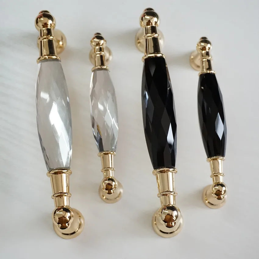 Modern Crystal Glass Drawer Handles – Gold and Black Cabinet Pulls for Dressers and Cupboards (96mm/128mm)