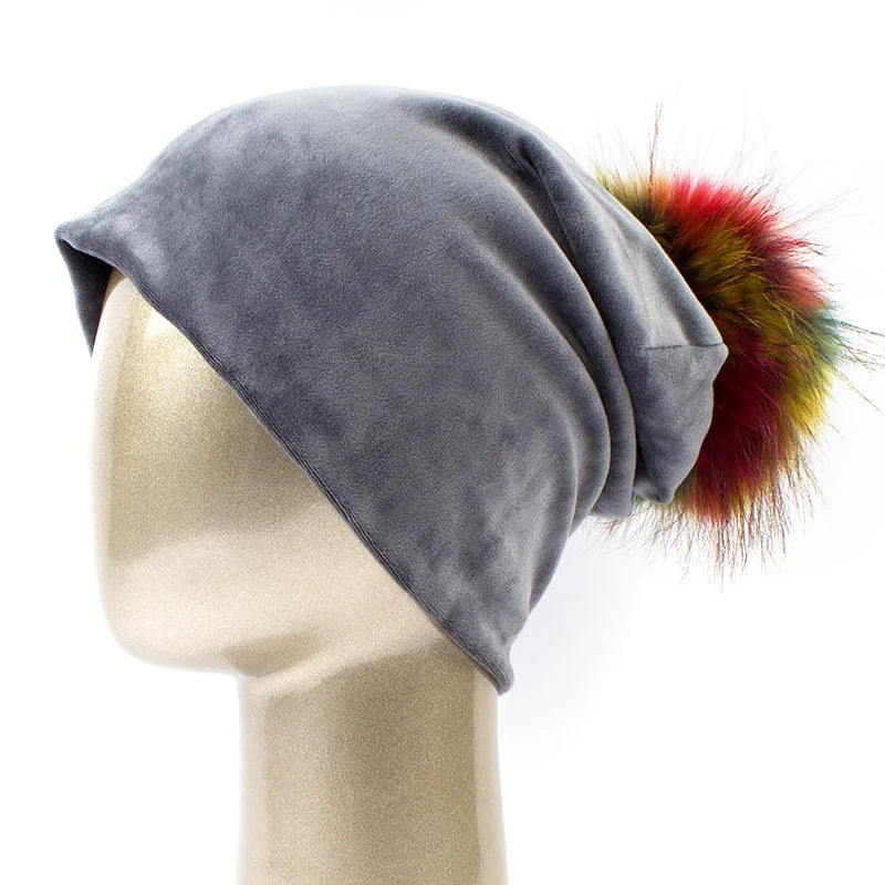 Geebro Women's Pom Pom Beanie Hat Casual Velvet Skullies Beanies Polyester Knitted Hats Warm Raccoon Fur Pompom Beanies Hat