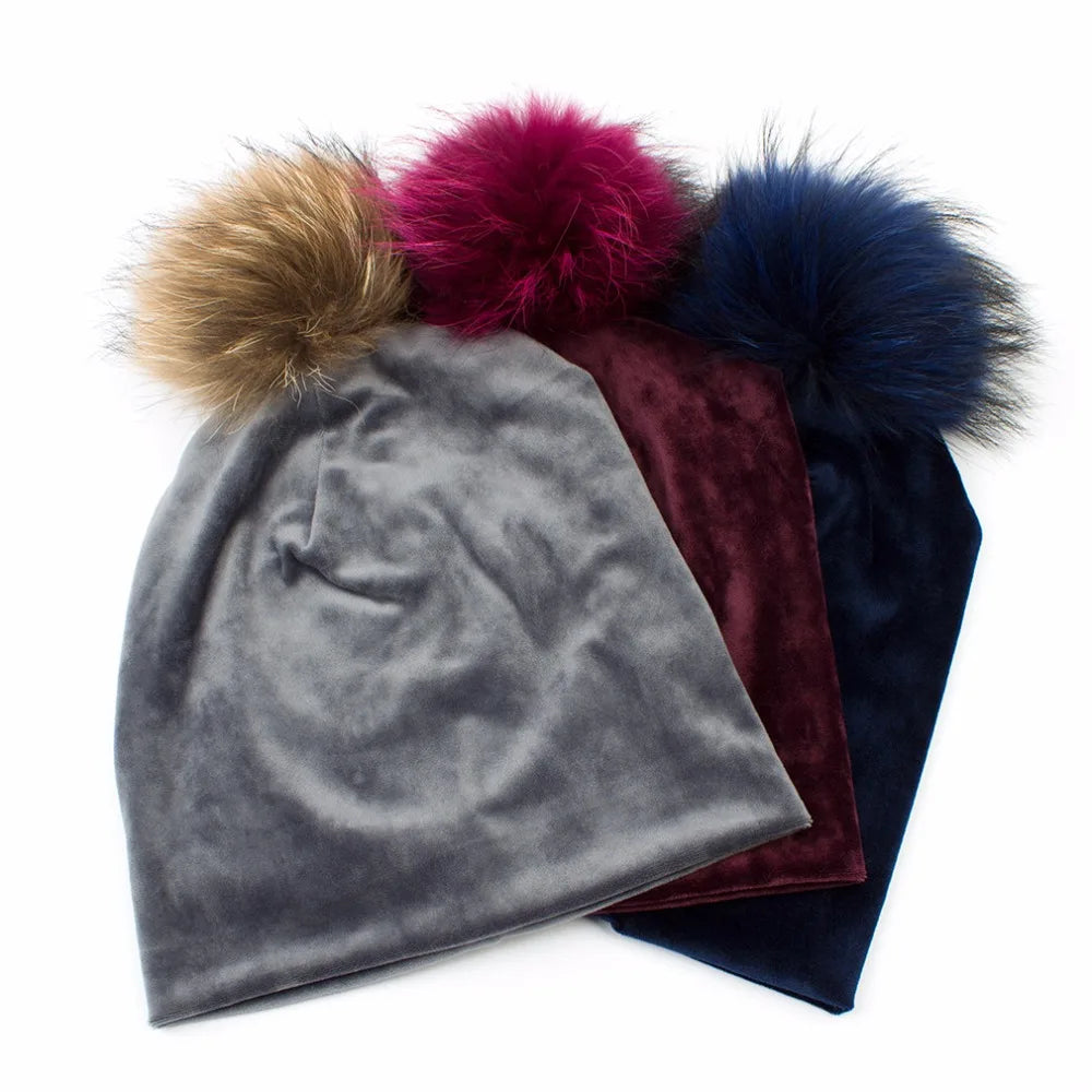 Geebro Women's Pom Pom Beanie Hat Casual Velvet Skullies Beanies Polyester Knitted Hats Warm Raccoon Fur Pompom Beanies Hat