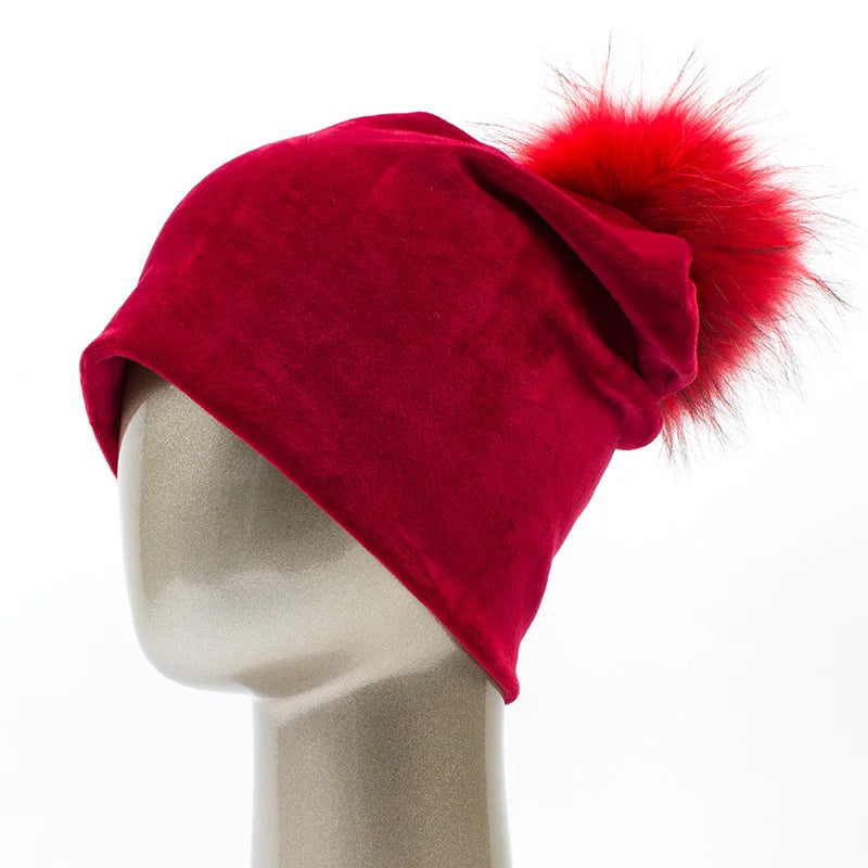 Geebro Women's Pom Pom Beanie Hat Casual Velvet Skullies Beanies Polyester Knitted Hats Warm Raccoon Fur Pompom Beanies Hat