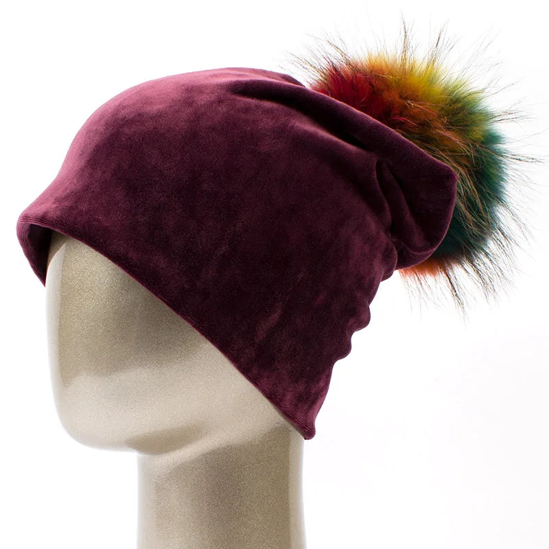 Geebro Women's Pom Pom Beanie Hat Casual Velvet Skullies Beanies Polyester Knitted Hats Warm Raccoon Fur Pompom Beanies Hat