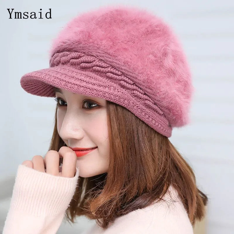 Ymsaid Winter Women Hat Warm Beanies Knitted Hats Female Rabbit Fur Cap Autumn Winter Ladies Fashion Hat Skullies Beanies
