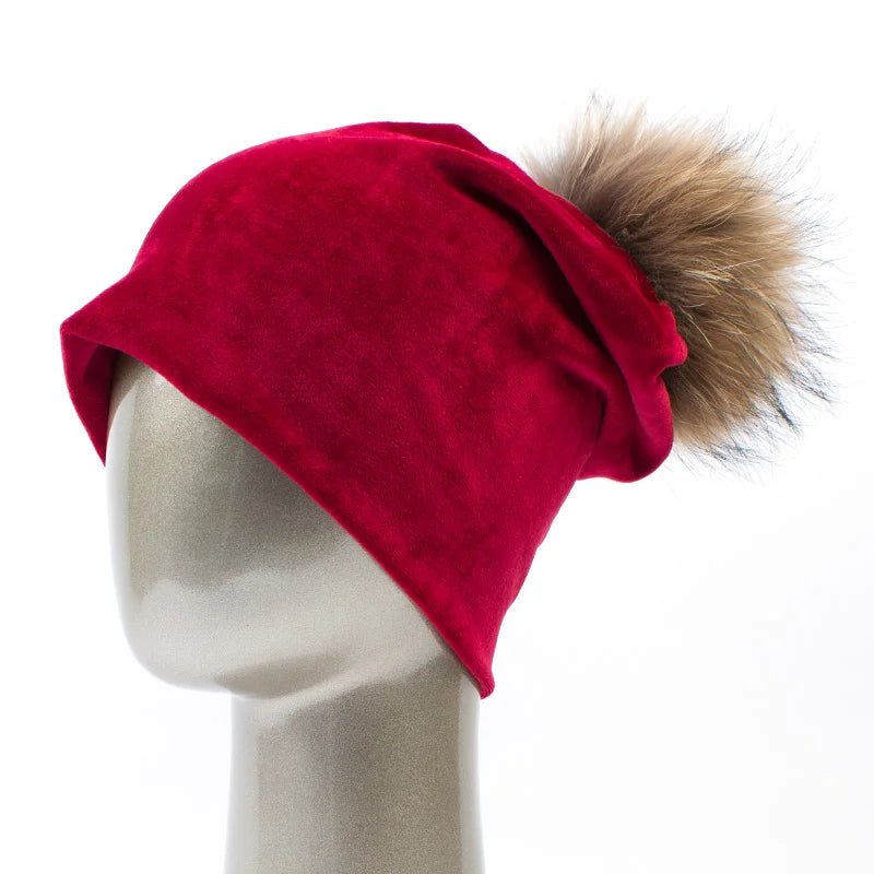 Geebro Women's Pom Pom Beanie Hat Casual Velvet Skullies Beanies Polyester Knitted Hats Warm Raccoon Fur Pompom Beanies Hat
