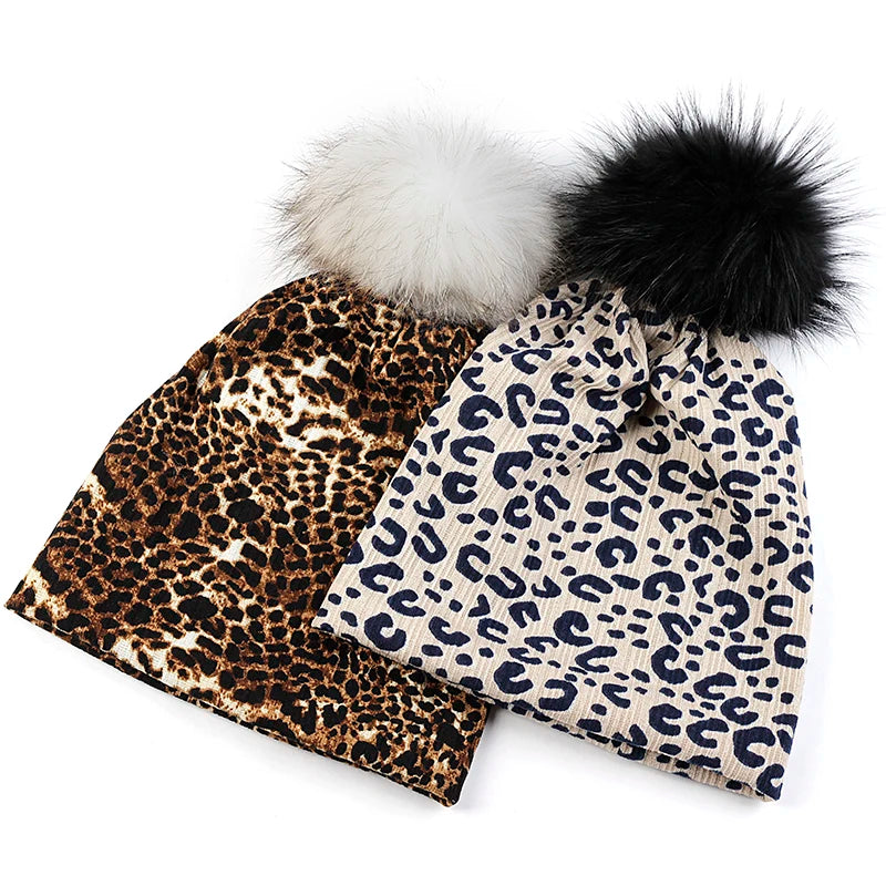 Women Casual Beanie Caps Autumn Winter Warm Beanies Female Fashion New Skullies Hats Leopard Print With Real Raccoon Fur Pompom