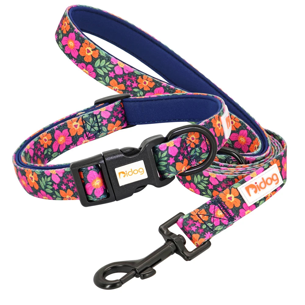 Print Nylon Dog Collar and Leash Set Adjustable Puppy Collars Soft Pet Necklace Walking Leash For Small Medium Dogs Cats Bulldog