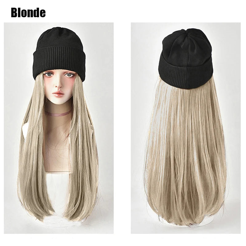 Beanies Hat With Hair Wigs For Women 24 inch Long Straight Hair Synthetic Wig Warm Soft Ski Knitted Autumn Winter Cap