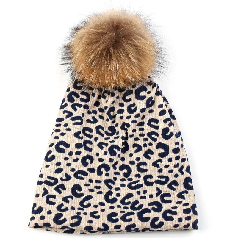Women Casual Beanie Caps Autumn Winter Warm Beanies Female Fashion New Skullies Hats Leopard Print With Real Raccoon Fur Pompom