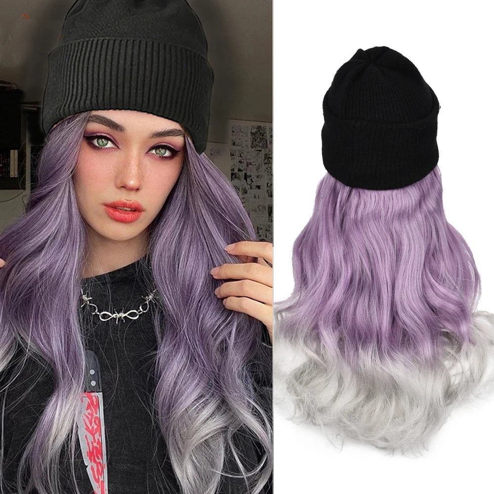 Beanies Hat With Hair Wigs For Women 24 inch Long Straight Hair Synthetic Wig Warm Soft Ski Knitted Autumn Winter Cap