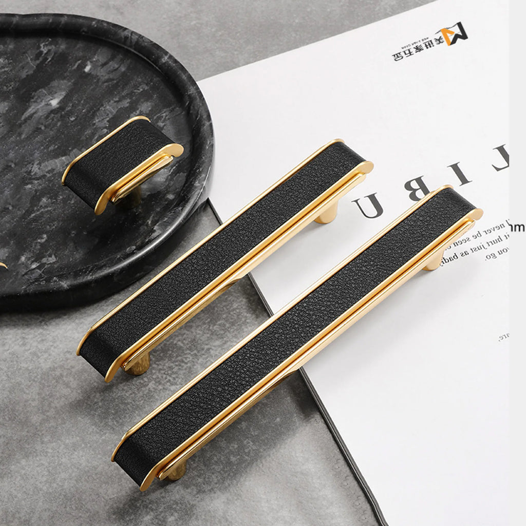 Black Leather and Gold Zinc Alloy Cabinet Handle – Luxury Drawer Pull for Wardrobes and Dressers (128mm)