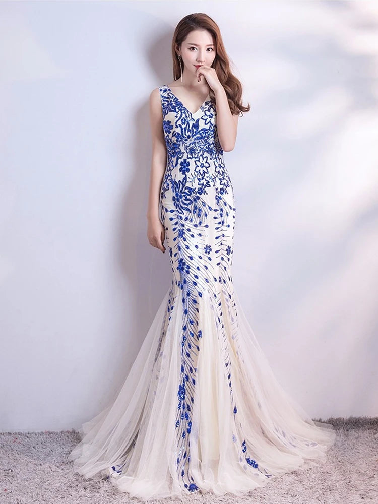 WomenSleveless Evening Dresses Elegant Mermaid Formal Dress Tull Sequind Prom Gown  Lace Robe De Soriee Long Evening Party Dress