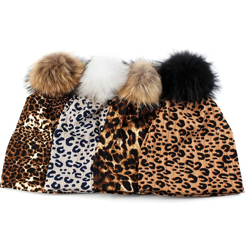 Women Casual Beanie Caps Autumn Winter Warm Beanies Female Fashion New Skullies Hats Leopard Print With Real Raccoon Fur Pompom
