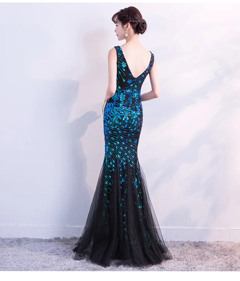 WomenSleveless Evening Dresses Elegant Mermaid Formal Dress Tull Sequind Prom Gown  Lace Robe De Soriee Long Evening Party Dress