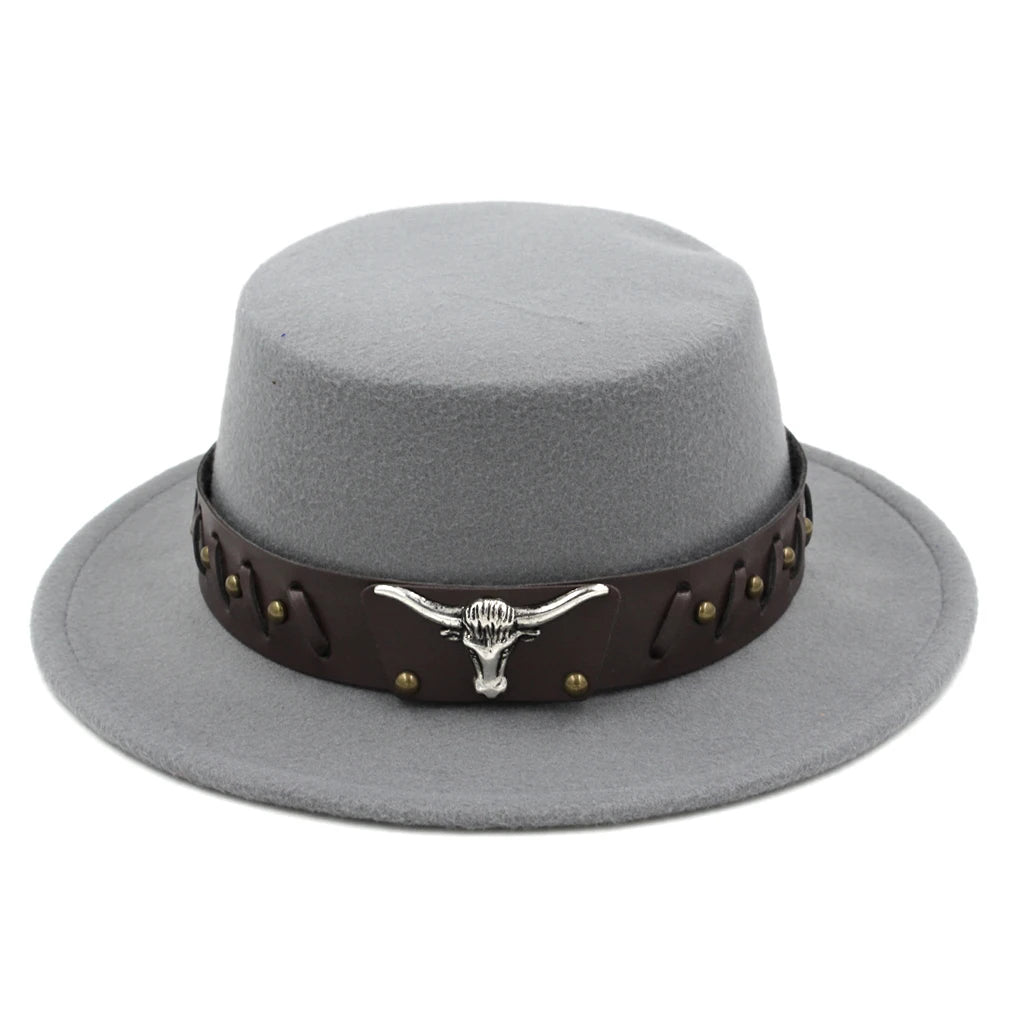 Women's Men's Flat Top Hat Boater Cap Bowler Sailor Wide Brim Fedora Hats with Western Tauren Leather Belt