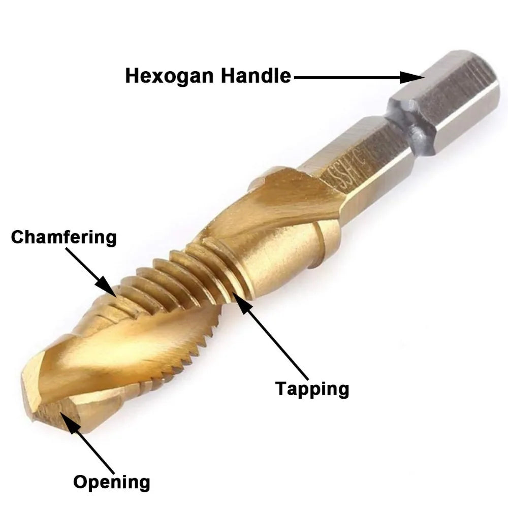 Hex Shank Titanium Plated HSS Screw Thread Metric Tap Drill Bits Screw Machine Compound Tap M3 M4 M5 M6 M8 M10 Hand Tools