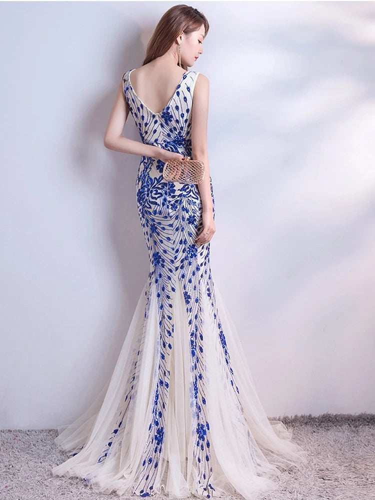 WomenSleveless Evening Dresses Elegant Mermaid Formal Dress Tull Sequind Prom Gown  Lace Robe De Soriee Long Evening Party Dress