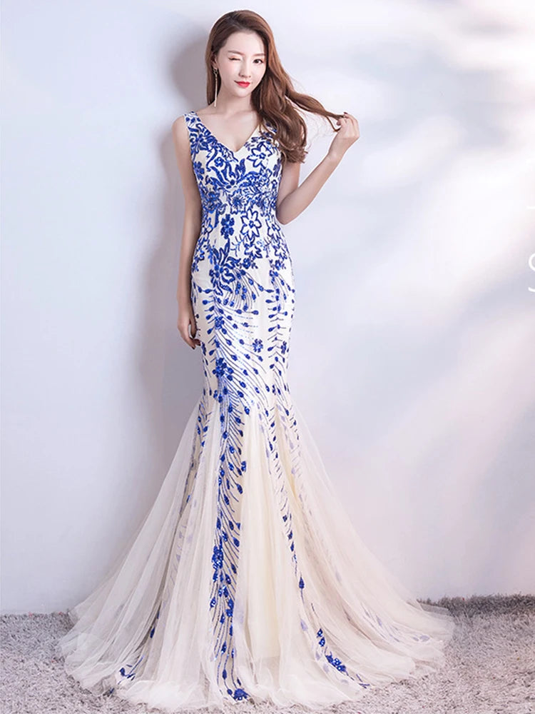 WomenSleveless Evening Dresses Elegant Mermaid Formal Dress Tull Sequind Prom Gown  Lace Robe De Soriee Long Evening Party Dress