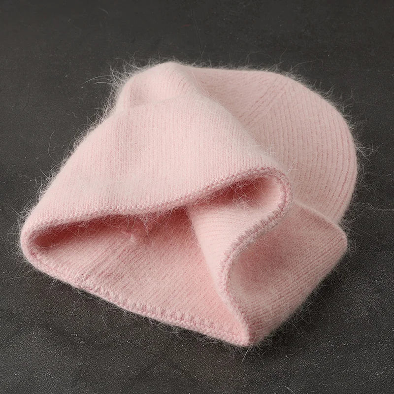 2024 Angora Winter Hat For Womens Rabbit Fur Fluffy Knitted Beanies Hat  Bonnet Female Soft  Warm SKI Skullies  Beanies