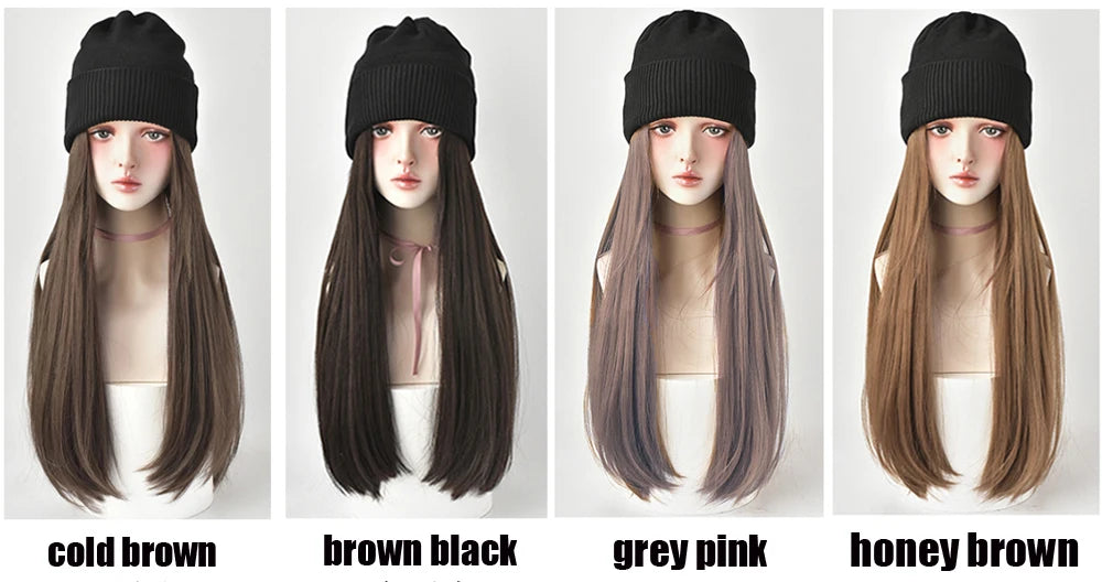 Beanies Hat With Hair Wigs For Women 24 inch Long Straight Hair Synthetic Wig Warm Soft Ski Knitted Autumn Winter Cap
