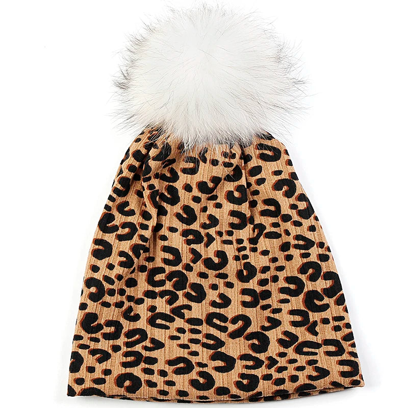 Women Casual Beanie Caps Autumn Winter Warm Beanies Female Fashion New Skullies Hats Leopard Print With Real Raccoon Fur Pompom