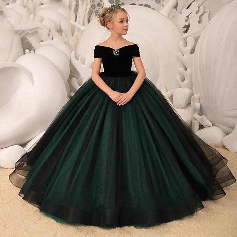 Kids Dresses Girl Elegant Long Prom Green Tulle Gowns New Children Graduation Dress Teen Wedding Bridesmaid Robe