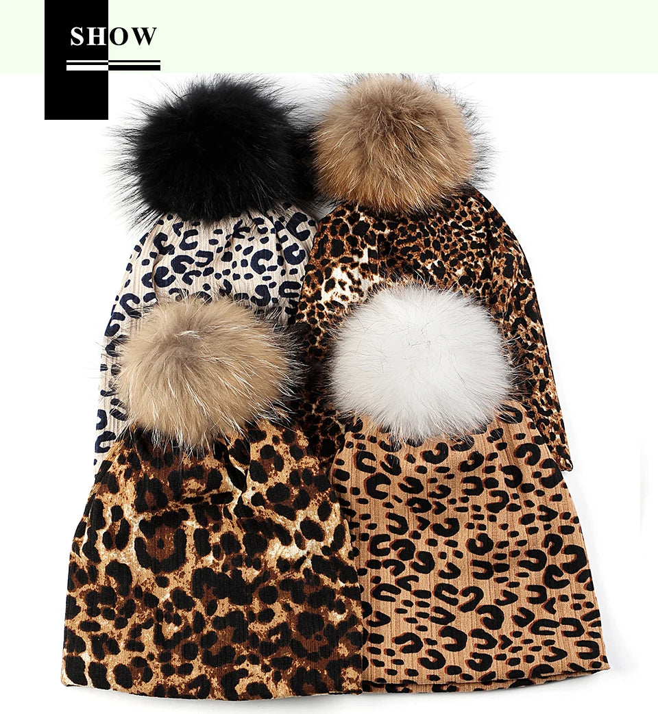Women Casual Beanie Caps Autumn Winter Warm Beanies Female Fashion New Skullies Hats Leopard Print With Real Raccoon Fur Pompom
