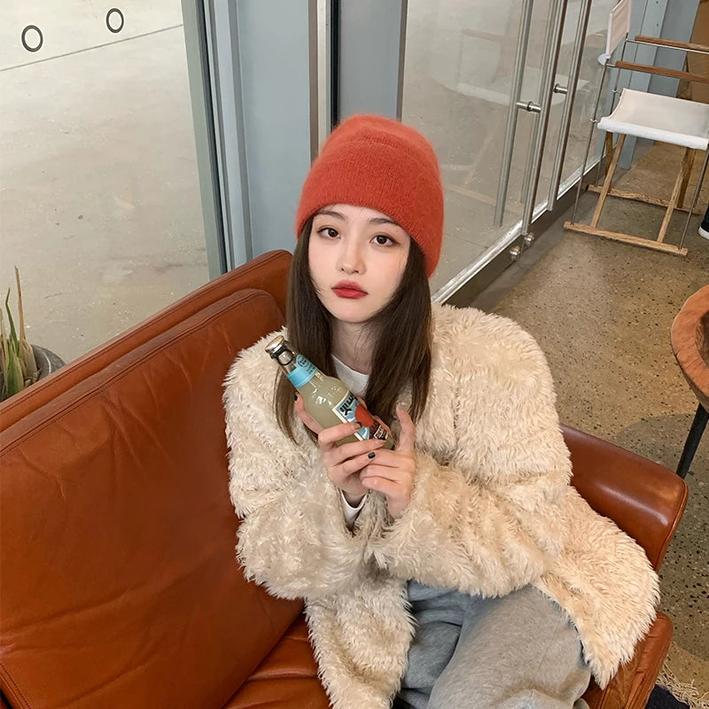 2024 Angora Winter Hat For Womens Rabbit Fur Fluffy Knitted Beanies Hat  Bonnet Female Soft  Warm SKI Skullies  Beanies