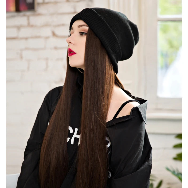 Beanies Hat With Hair Wigs For Women 24 inch Long Straight Hair Synthetic Wig Warm Soft Ski Knitted Autumn Winter Cap