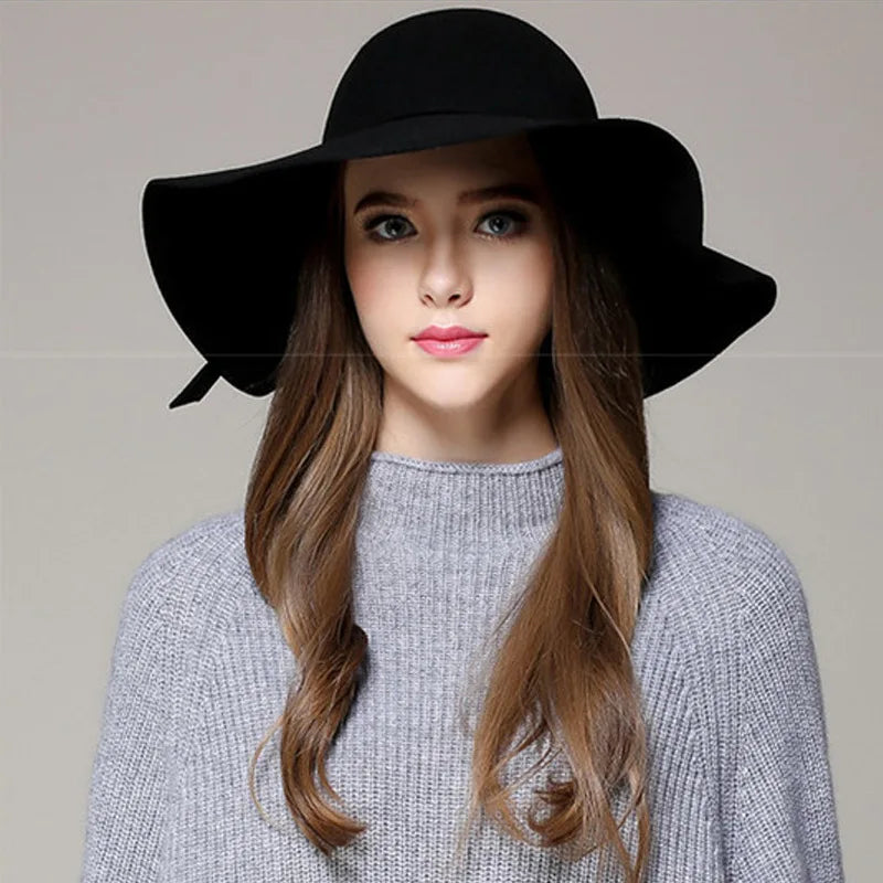 British Style Felt Hats for Women, Big BrimTop Hat, Flat Brim, White Cap for Lady, Autumn and Winter