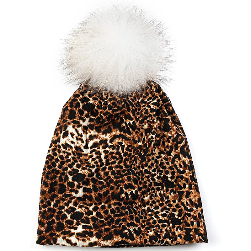 Women Casual Beanie Caps Autumn Winter Warm Beanies Female Fashion New Skullies Hats Leopard Print With Real Raccoon Fur Pompom