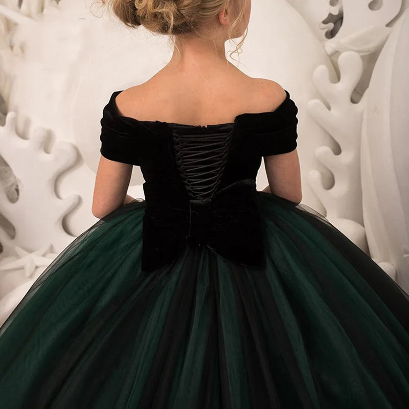 Kids Dresses Girl Elegant Long Prom Green Tulle Gowns New Children Graduation Dress Teen Wedding Bridesmaid Robe