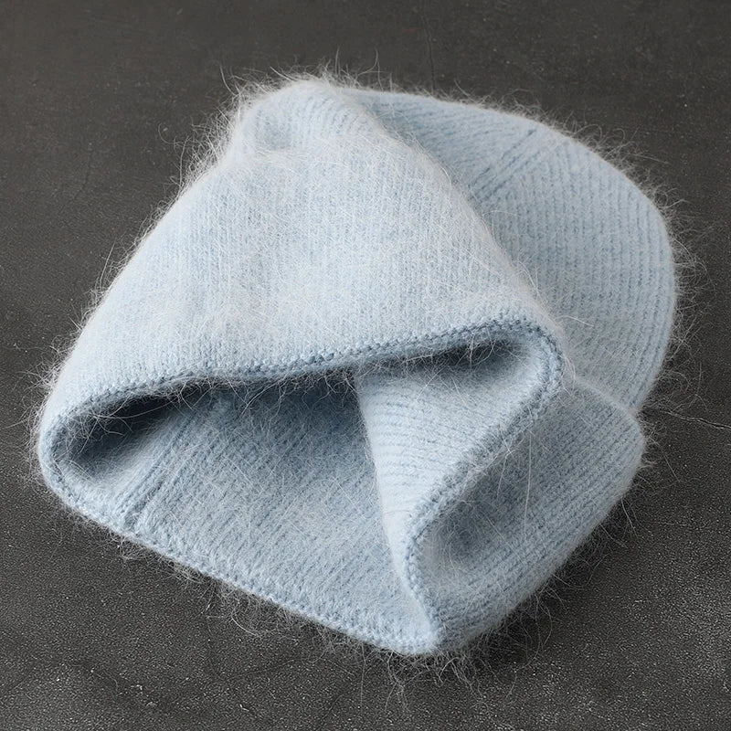 2024 Angora Winter Hat For Womens Rabbit Fur Fluffy Knitted Beanies Hat  Bonnet Female Soft  Warm SKI Skullies  Beanies