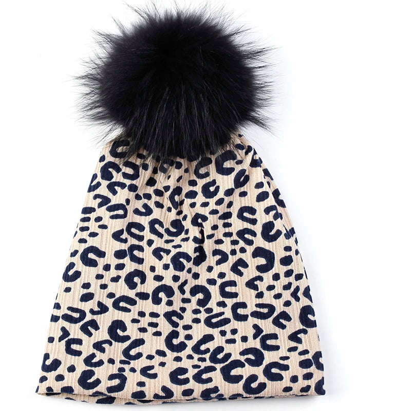 Women Casual Beanie Caps Autumn Winter Warm Beanies Female Fashion New Skullies Hats Leopard Print With Real Raccoon Fur Pompom