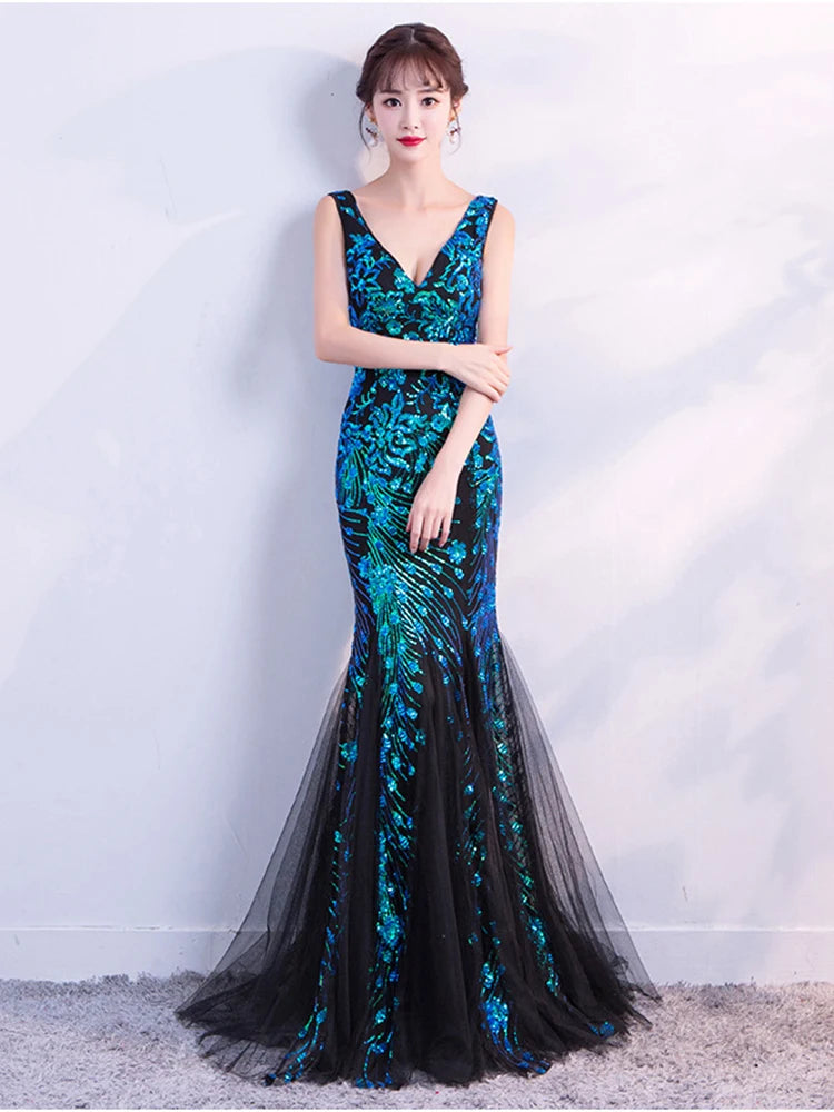 WomenSleveless Evening Dresses Elegant Mermaid Formal Dress Tull Sequind Prom Gown  Lace Robe De Soriee Long Evening Party Dress