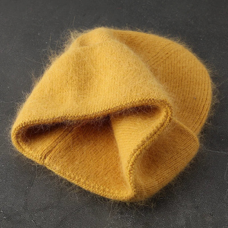 2024 Angora Winter Hat For Womens Rabbit Fur Fluffy Knitted Beanies Hat  Bonnet Female Soft  Warm SKI Skullies  Beanies