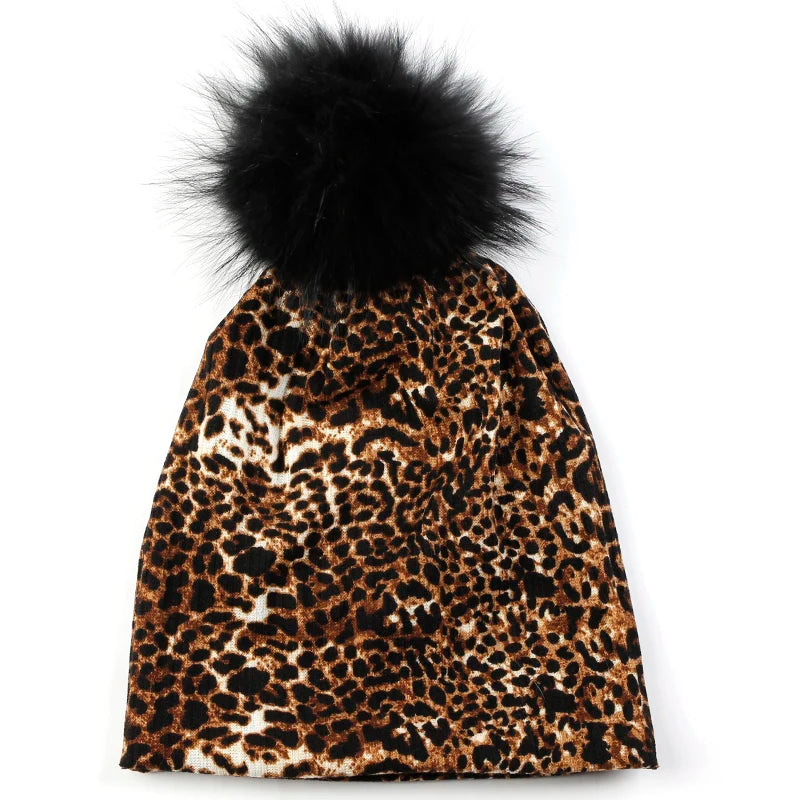 Women Casual Beanie Caps Autumn Winter Warm Beanies Female Fashion New Skullies Hats Leopard Print With Real Raccoon Fur Pompom