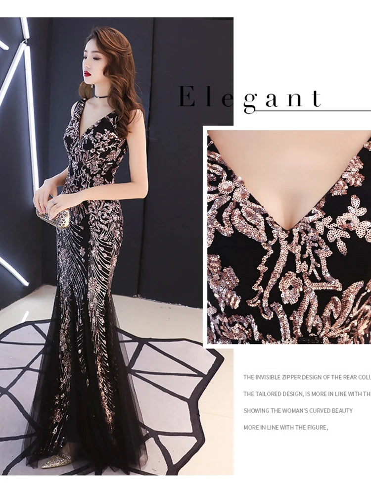 WomenSleveless Evening Dresses Elegant Mermaid Formal Dress Tull Sequind Prom Gown  Lace Robe De Soriee Long Evening Party Dress