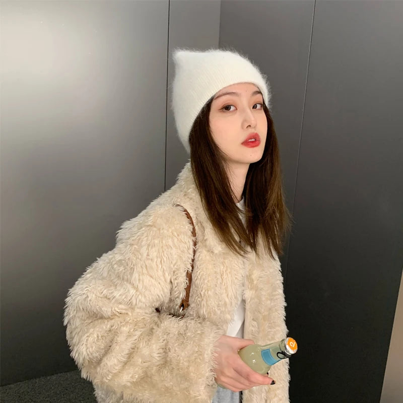 2024 Angora Winter Hat For Womens Rabbit Fur Fluffy Knitted Beanies Hat  Bonnet Female Soft  Warm SKI Skullies  Beanies