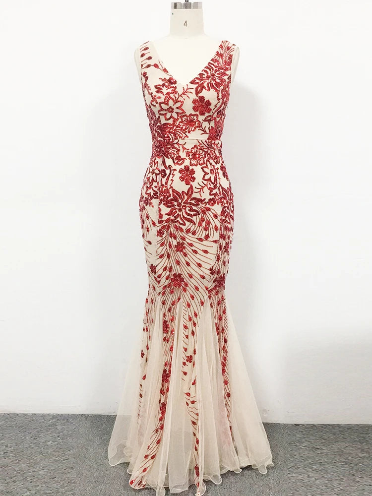 WomenSleveless Evening Dresses Elegant Mermaid Formal Dress Tull Sequind Prom Gown  Lace Robe De Soriee Long Evening Party Dress