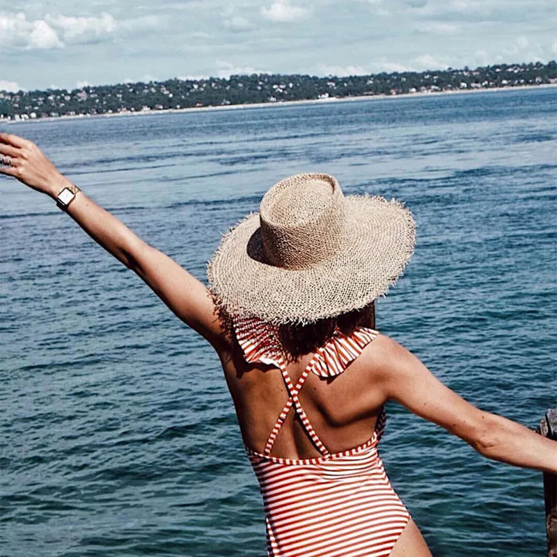 Summer hats for women Retro flat hat brim hand-made Hollow design raffia straw hat ladies outdoor sun protection beach straw hat