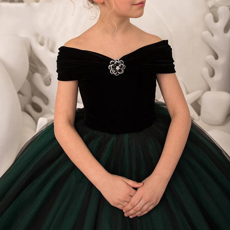 Kids Dresses Girl Elegant Long Prom Green Tulle Gowns New Children Graduation Dress Teen Wedding Bridesmaid Robe