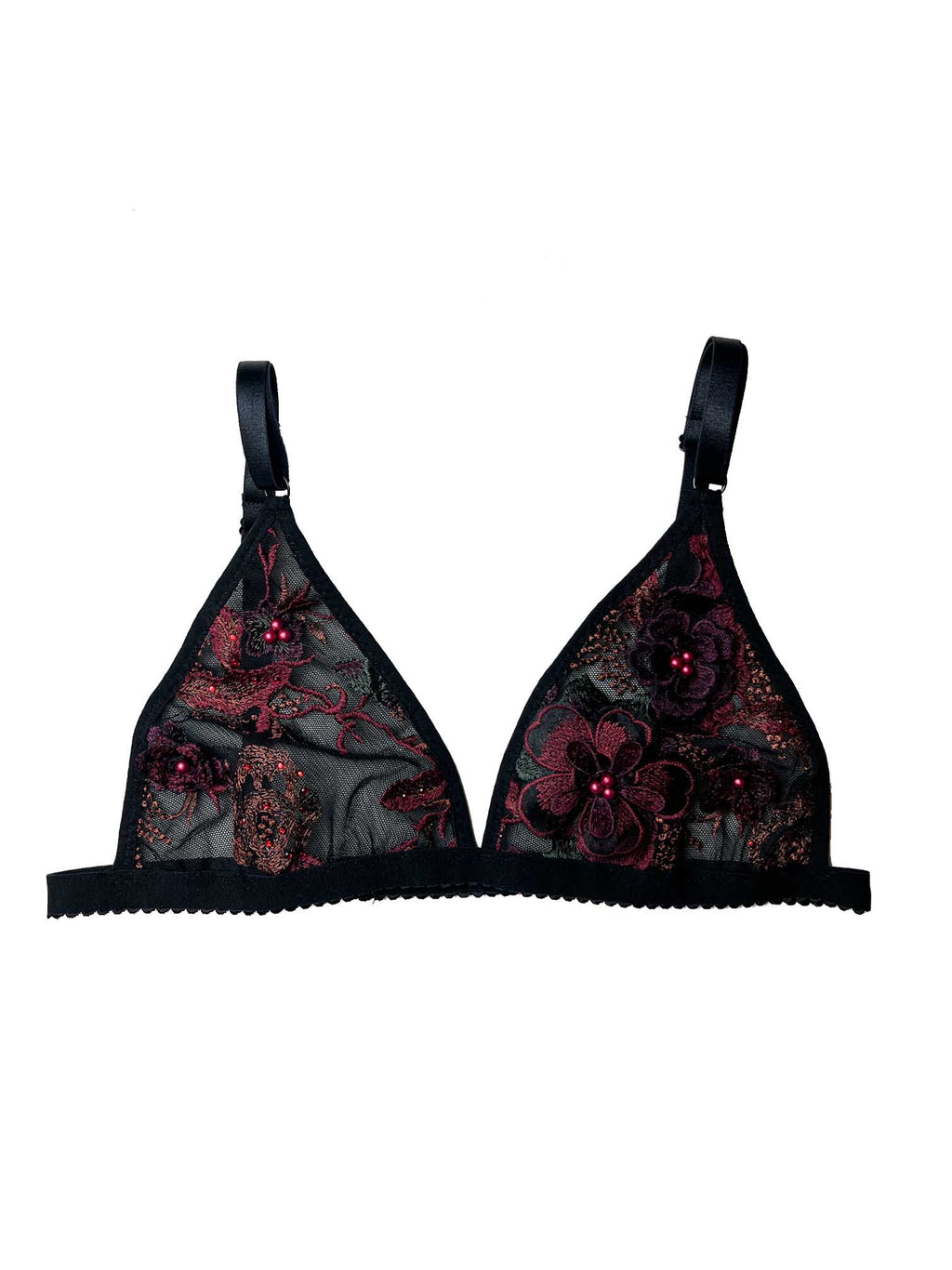 Megan Black Tulle Bralette with Maroon Embroidery
