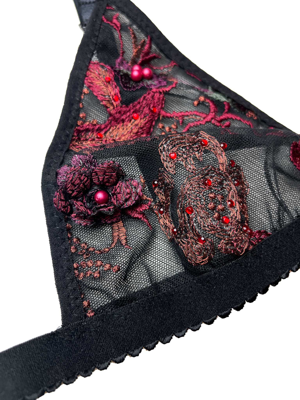 Megan Black Tulle Bralette with Maroon Embroidery